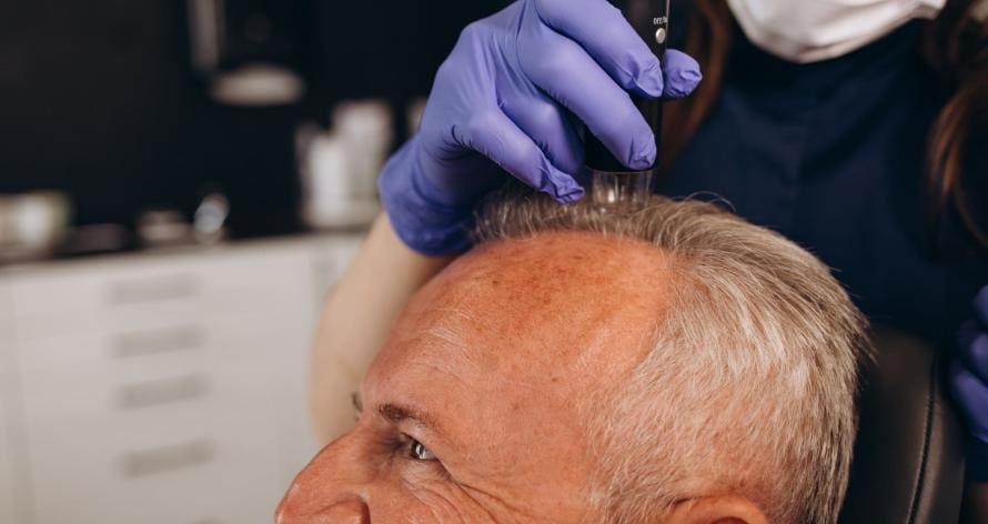 an old man is being examined in a hair transplant clinic an old man is being examined in a hair transplant clinic